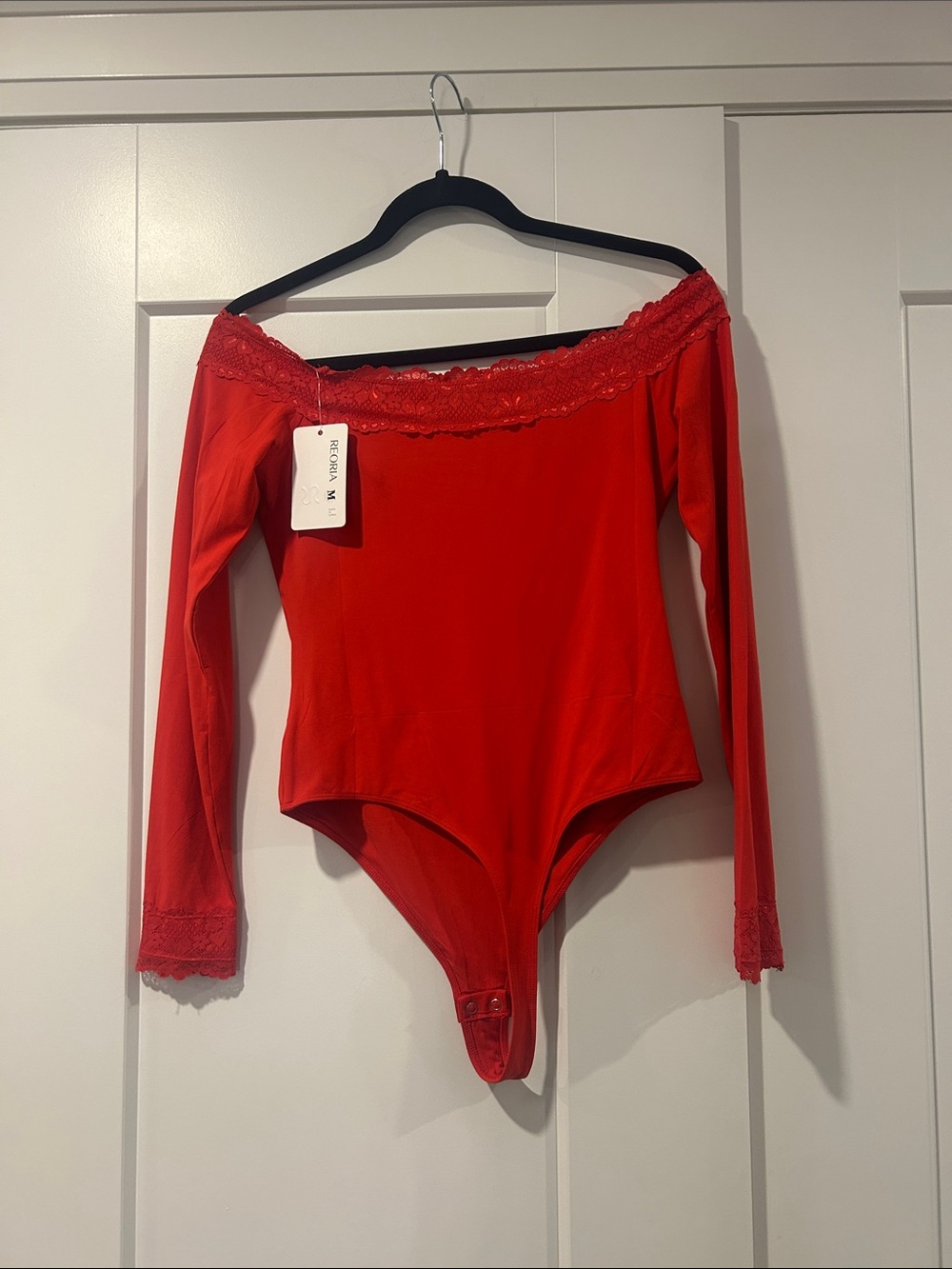 Off-the-Shoulder Red Lace Trim Bodysuit